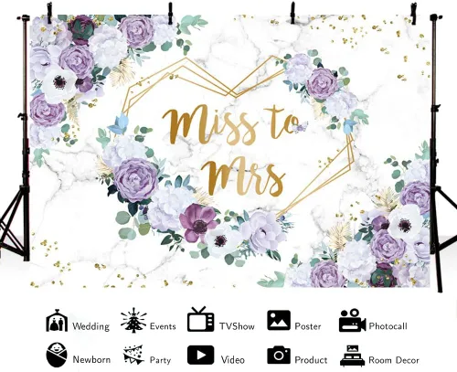 Miniatura 4 de AIBIIN Telón de fondo floral de Miss to Mrs de 7 x 5 pies para despedida de soltera, flores violetas moradas, fondo de fotografía, corazones dorado