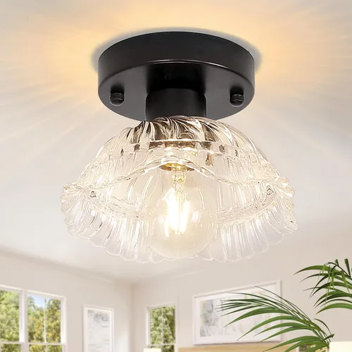 Miniatura 19 de Shenmoyl Luces de pasillo doradas de montaje semiempotrado con vidrio Scindapsus transparente, bombilla incluida, base de 4.72 pulgadas, lámpara