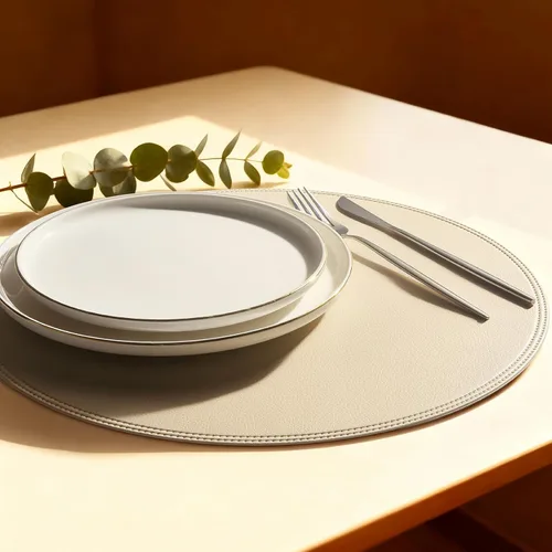 Round Vinyl Beige Placemats Set of 6, Faux Leather Waterproof Wipeable Heat Resistant Place Mats, Washable Table Mats for Halloween, Thanksgiving &