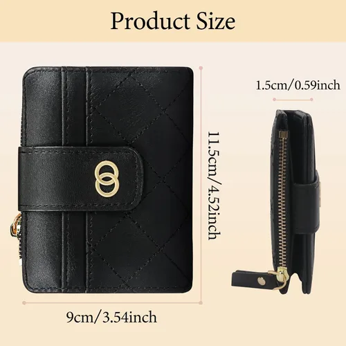 Miniatura 2 de Unaone Cartera pequeña para mujer, cartera de cuero con ventana de identificación y bolsillo para monedas con cremallera, Negro -, Moda