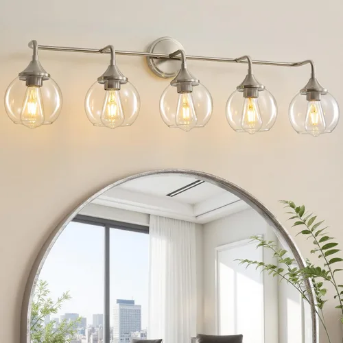 Miniatura 11 de Lámpara de Tocador de Baño Dorada con Pantalla de Vidrio Transparente, Base E26, Luminarias de Baño de 2 Luces Sobre Espejo, Luces de Tocador de 14