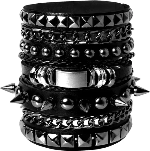 Miniatura 7 de Eigso Pulseras de cuero punk rock para hombres y mujeres, estilo retro, vintage, cadena de los años 80, para hombre y mujer