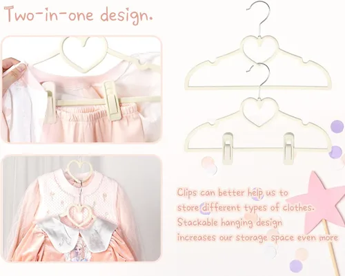 Miniatura 4 de Perchas de terciopelo beige con forma de corazón, paquete de 50 perchas para niños pequeños de 13 pulgadas con 20 clips, ultra delgadas y apilables