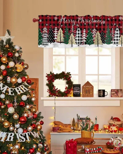 Miniatura 3 de Cenefa de Navidad para Ventanas Cortinas de Árbol de Navidad Alegre Cenefas con Bolsillo para Barra Cenefa Tratamientos para Ventanas Cuadros Árbol
