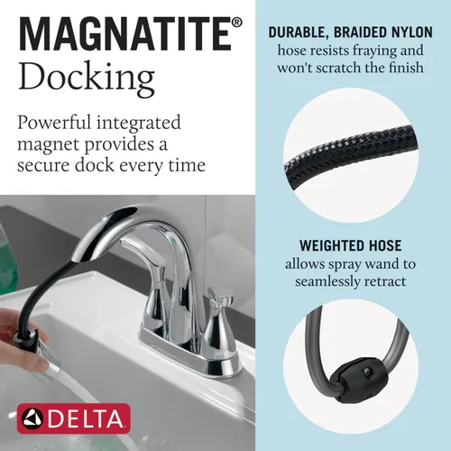 Miniatura 4 de Grifo de baño Delta Broadmoor de centro cromado con rociador, grifo de fregadero de baño de 4 pulgadas y 3 agujeros con rociador extraíble, drenaje