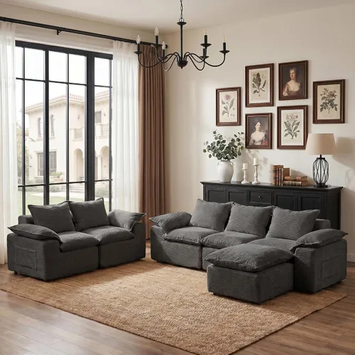 Miniatura 17 de Camillas seccionales Cloud de 108 pulgadas para sala de estar, sofá convertible sin hueso en forma de L con otomana, sofá comprimido de 3 plazas