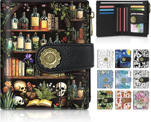 Miniatura 11 de Chelmon Cartera pequeña gótica para mujer, con bloqueo RFID, de piel sintética, plegable, para tarjetas de crédito, con ventana de identificación