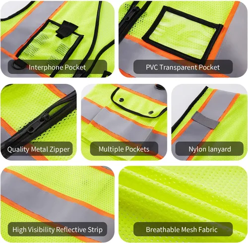 Miniatura 5 de Chaleco Reflectante Clase 2 de Seguridad ANSI con Bolsillos y Cremallera de Alta Visibilidad Uniforme de Construcción K-amarillo-1pack-personalizado