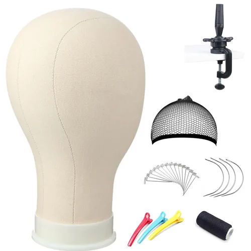 Cabeza de lona para peluca, cabeza de bloque de lona para hacer pelucas, cabeza de maniquí con soporte y agujero de montaje (21 pulgadas)