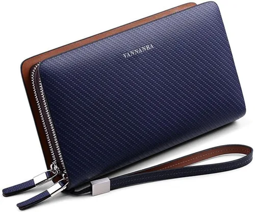 VANNANBA Hombres Clutch Wallet Bolso de mano grande de cuero Bolso de mano de negocios con doble cremallera Azul Negro