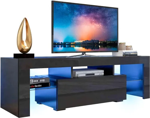 Soporte de TV para televisores de más de 55 pulgadas, soporte de TV negro con cajón de almacenamiento, centro de entretenimiento LED para consola de