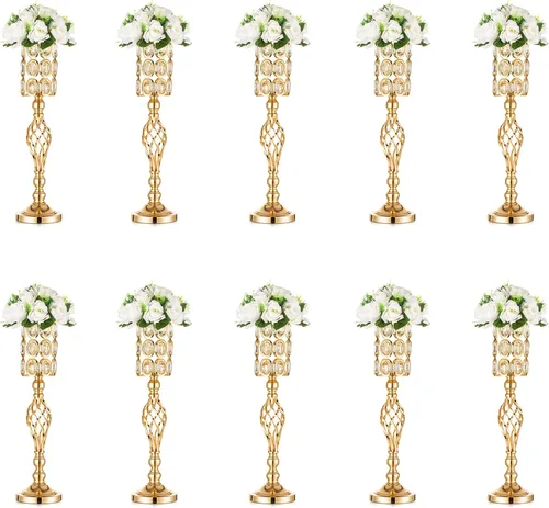 Jarrón de metal dorado, 10 jarrones de trompeta altos para centros de mesa con cuentas de cristal, jarrón de boda para mesas, decoración del hogar