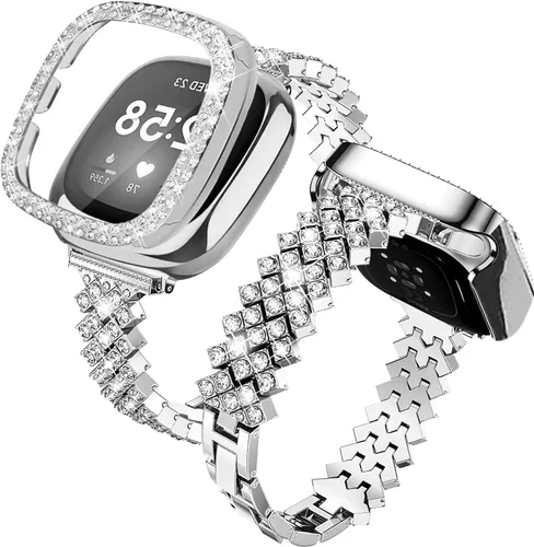 Miniatura 13 de Correa de reloj brillante compatible con Fitbit Versa 4/Fitbit Sense 2 para mujer, correa ajustable de aleación de cristal con diamantes