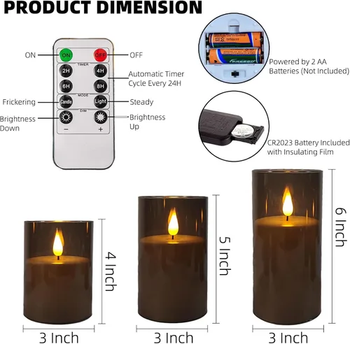 Miniatura 5 de NICEME Velas parpadeantes sin llama gris, velas LED acrílicas que funcionan con pilas, con control remoto y temporizador, velas sin llama