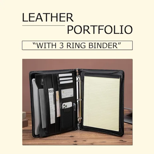 Miniatura 9 de Portafolio de cuero con carpeta de 3 anillas, padfolio de cuero vegano con cremallera, portafolio organizador profesional de negocios para regalo