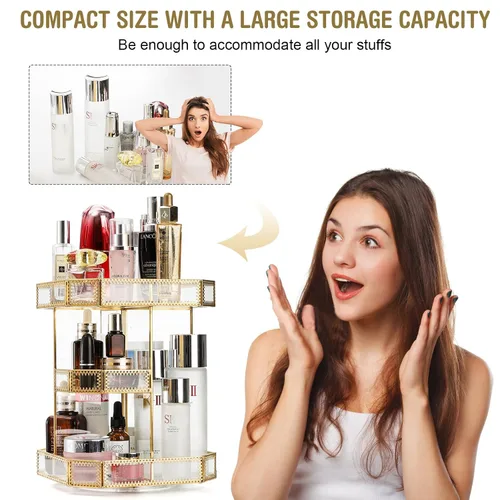 Miniatura 3 de ZOOFOX Organizador de maquillaje de vidrio giratorio de 360 grados, soporte grande de almacenamiento de cosméticos con ribete dorado para tocador