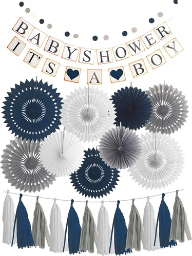 MEANT2TOBE Decoraciones de baby shower para niño, con tema de elefante, azul, gris, blanco, juego de 14 piezas, incluye pancarta, abanicos de papel,