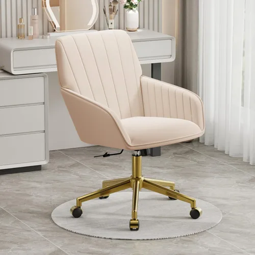 Miniatura 5 de YISHENG - Silla de escritorio de terciopelo con base dorada, con ruedas, silla de tocador tapizada moderna ajustable en altura, giratoria 360 grados