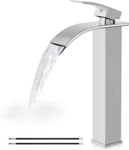 Airuida grifo alto para lavabo de baño, cromado pulido, tipo cascada, de una sola llave, una sola perforación, montaje en cubierta, mezclador para