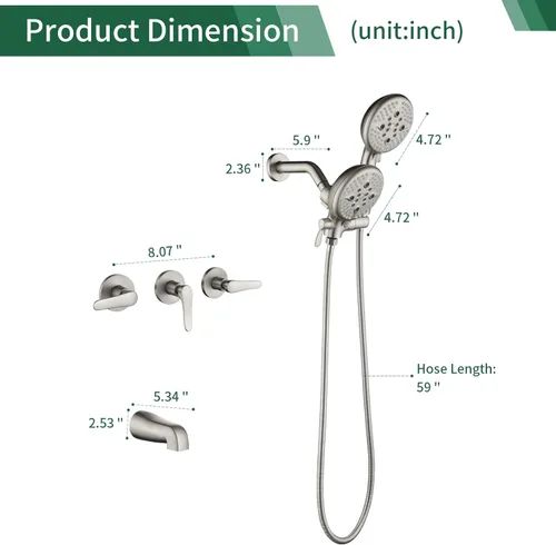 Miniatura 7 de Juego de grifo de ducha de 3 manijas, sistema de ducha con caño de bañera, juego de grifería para bañera, juego combinado de cabezal de ducha, juego