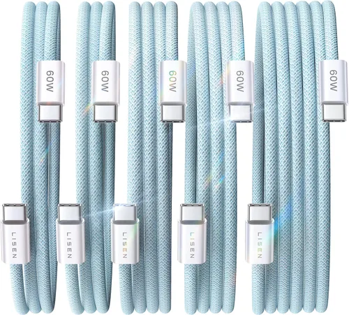 Miniatura 23 de LISEN Cable USB C a USB C, paquete de 5 [3.3/3.3/6.6/6.6/10 pies] para iPhone 17, cable C a C de carga rápida para iPad, iPhone 16 15 Pro Max, Negro