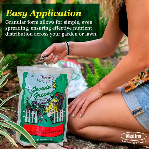 Miniatura 5 de Medina Growin Green Fertilizante granular orgánico – Bolsa de 5 libras – Potenciador de suelo rico en nutrientes 3-2-3 gránulos para jardines