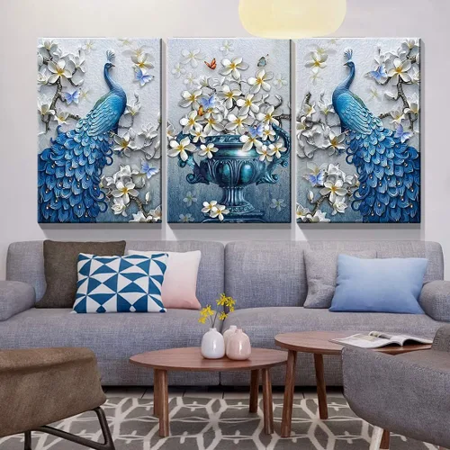Miniatura 2 de Denozer Lienzo decorativo para pared, 3 paneles, 24 x 32 pulgadas, elegante, pavo real azul con imagen floral blanca, impresión de pintura de Art01
