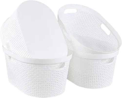 Miniatura 8 de Paquete de 4 cestas para la ropa sucia con mango recortado, cestas de plástico blanco, 40 L Dirty Clothes Storage Hamper