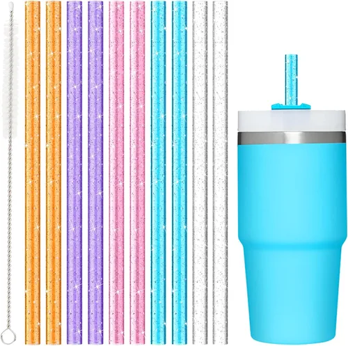 Miniatura 9 de Paquete de 10 popotes de repuesto para vaso Stanley de 40 oz y 30 oz, color brillante. Popotes reutilizables aptos para lavavajillas con cepillo