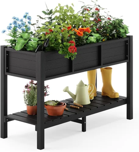 LUE BONA Cama de jardín elevada con herramientas, 45 x 18 x 29 pulgadas, jardinera elevada de polietileno con patas y estante de almacenamiento,