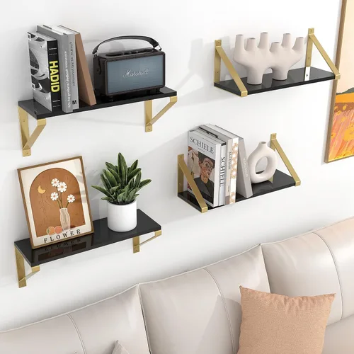 Miniatura 2 de Estantes flotantes dorados y negros montados en la pared, juego de 2, acrílico transparente de 8 mm, estantes de pared invisibles para dormitorio