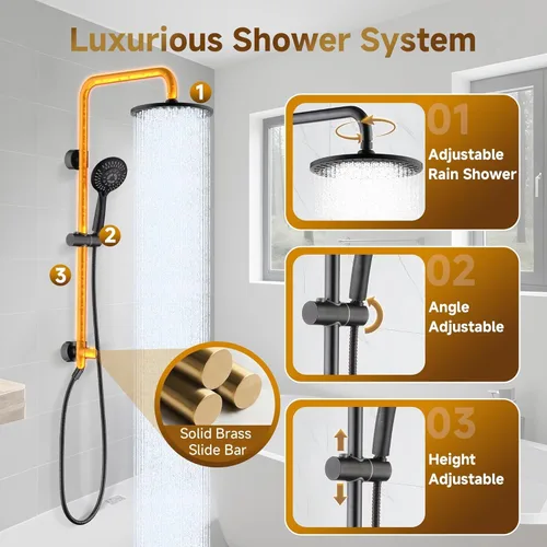 Miniatura 2 de BRIGHT SHOWERS Sistema de ducha, cabezal de ducha tipo lluvia de 9 pulgadas con ducha de mano de 5 funciones, combo de ducha doble con soporte