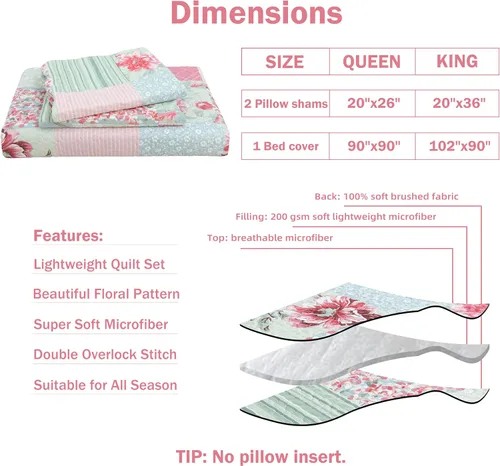 Miniatura 6 de Cmfshape - Juego de edredón de verano floral King acolchado, juego de edredón rosa romántico King, juego de ropa de cama reversible cosido para Rosa