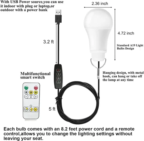 Miniatura 4 de Paquete de 2 bombillas USB regulables alimentadas por USB de 5 V 7 W, lámpara colgante para exteriores, portátil, para campamento, camión, tienda