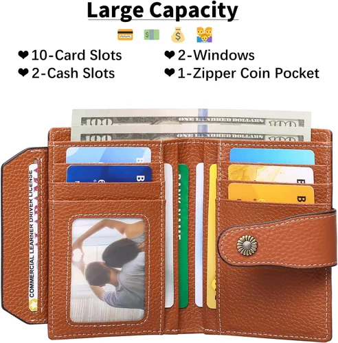Miniatura 2 de FALAN MULE Cartera pequeña para mujer, de piel auténtica, plegable, compacta, con bloqueo RFID, pequeña cartera para mujer, ZAO-Caramelo, Compacto