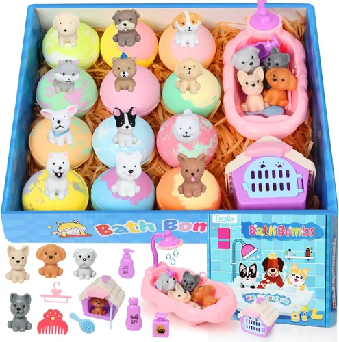 Bombas de baño para niños con juguetes adentro para niñas y niños, paquete de 12 bombas de baño para niños con set de juego de simulación de perro