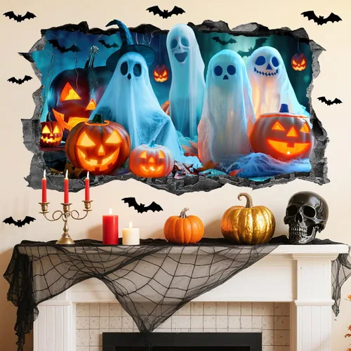 Miniatura 10 de Decoración de pared de Halloween, calcomanías de Halloween 3D para ventana falsa, despegar y pegar, calabazas, esqueleto, murales artísticos