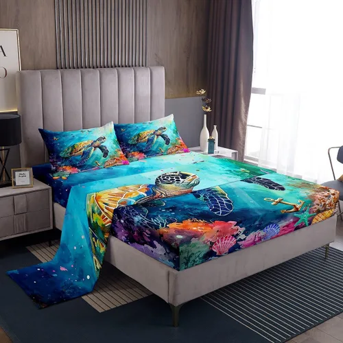 Miniatura 27 de Erosebridal Sábanas de sirena azul para niñas, juego de sábanas de unicornio lindo tamaño matrimonial, 4 piezas para niños, sábanas de arcoíris
