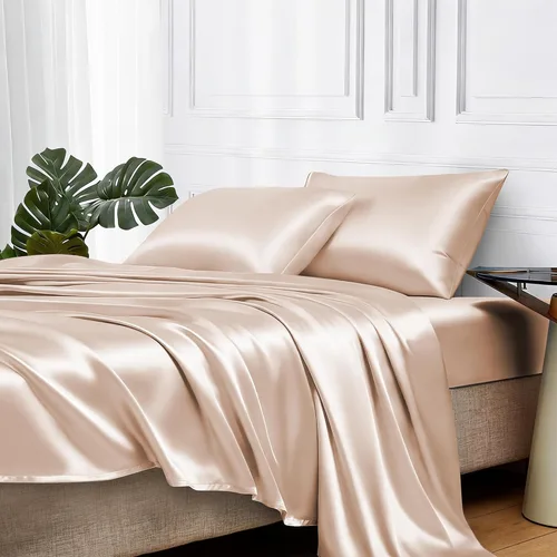 Miniatura 56 de MR&HM Sábanas de satén para cama de tamaño King, juego de 4 piezas de ropa de cama sedosa con bolsillo profundo de 15 pulgadas para colchón