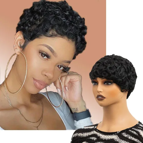Miniatura 6 de Cabello rizado Pixie para mujer con flequillo para mujer (negro y rizado) Pixie - Pelucas sintéticas en capas, pelucas cortas para mujeres negras