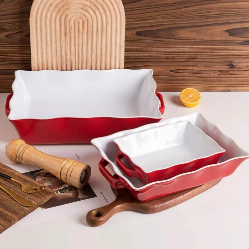 Miniatura 2 de Sweejar - Platos de cacerola para horno, juego de 3 utensilios de cerámica, molde rectangular de hornear con asas, molde para lasaña de borde rojo
