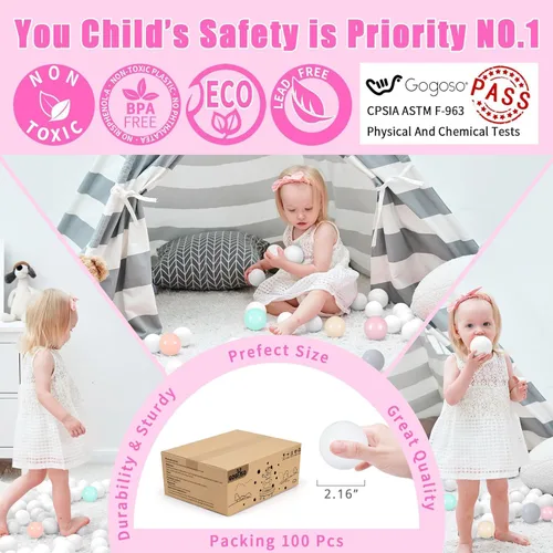 Miniatura 2 de GOGOSO 100 Pelotas de Hoyo de Plástico para Bebés Niñas Pequeñas para Casa de Juegos, Piscina para Bebés, Centros de Diversión con Pelotas, para 100