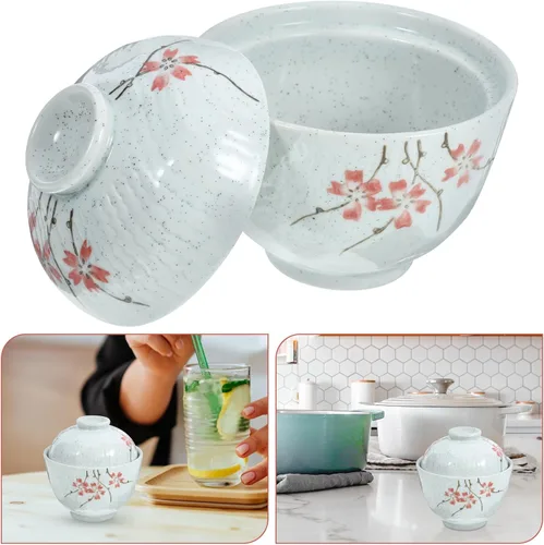 Miniatura 8 de Hemoton Cuenco de cerámica con tapa de 4.01 x 3.93 x 3.85 pulgadas, cuenco de sopa para el hogar para guisar huevo, pájaro, nido, postre y ensalada