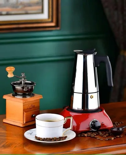 SEQ - Olla de acero inoxidable Moka de 6 tazas, cafetera italiana, cafetera espresso de 10 onzas, para estufas eléctricas y halógenas de gas de