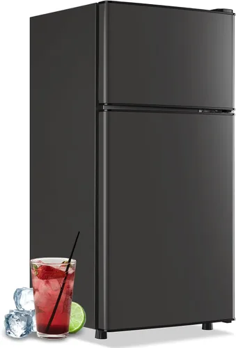 DEMULLER Mini refrigerador con congelador superior, tamaño de apartamento, doble puerta, compacto, pequeño refrigerador para uso personal, mini Gris