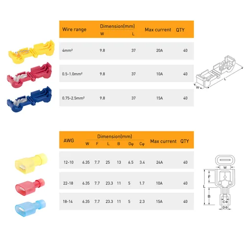 Miniatura 3 de Nilight - 50031R 240 unids/120 pares de terminales de cable de empalme T-Tap auto-pelacables con nailon totalmente aislado macho desconexiones