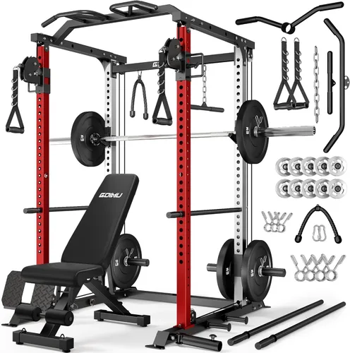 Miniatura 12 de DP01 - Jaula de potencia, estante para sentadillas de 2000 libras con cable cruzado y sistema de polea doble independiente, jaula completa para Rojo