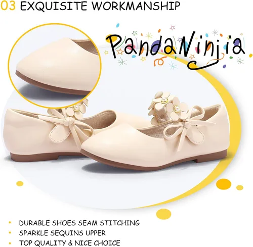 Miniatura 5 de PANDANINJIA Zapatos de vestir para niñas pequeñas, zapatos planos de flores con perlas, lazo Mary Jane, zapatos de flora para fiesta de boda