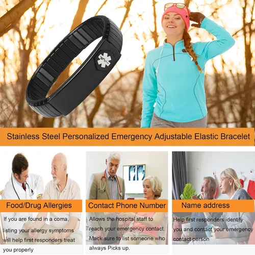 Miniatura 10 de Pulsera de alerta médica para hombres y mujeres, pulsera de identificación médica ajustable ajustable de acero inoxidable para diabetes, alergias