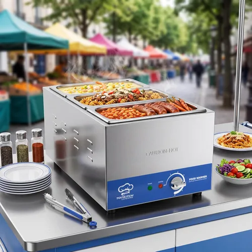 Miniatura 7 de TOPKITCH Calentador de alimentos comercial de 3 bandejas 18L con tanque de agua sin fugas de formación elástica y 3 de 1/3 de tamaño GN, mesa